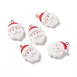 White Christmas Theme Opaque Resin Pendants, with Platinum Tone Iron Findings, Santa Claus Head, White, 26.5x18x7.5mm, Hole: 2mm