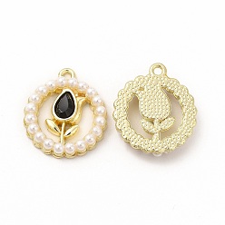 Черный Стеклянные подвески из сплава с покрытием стойки, с абс пластмассовой имитационной жемчужиной, без кадмия, без никеля и без свинца, плоский круглый с тюльпаном, золотой свет, чёрные, 20.5x18x4 мм, отверстие : 1.6 мм