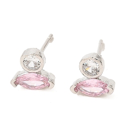 Pink Platinum Brass Horse Eye Stud Earrings, with Cubic Zirconia, Long-Lasting Plated, Lead Free & Cadmium Free, Pink, 7x6.5mm