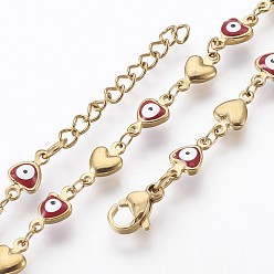 Red Ion Plating(IP) 304 Stainless Steel Link Chain Bracelets, with Enamel and Lobster Claw Clasps, Heart with Evil Eye, Red, 7-1/4 inch(18.5cm)