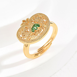 Зеленый Элегантные полые латунные микропаве кубические цирконии регулируемые кольца для женщин, застежка-пряжка в форме сердца, золотые, зелёные, 18x15 мм, внутренний диаметр: регулируемый