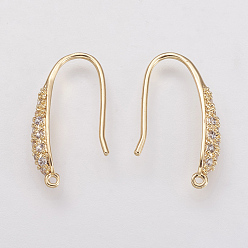 Real 18K Gold Plated Brass Micro Pave Cubic Zirconia Earring Hooks, with Horizontal Loop, Real 18K Gold Plated, 19.5x3x9mm, Hole: 1mm, 18 Gauge, Pin: 1mm