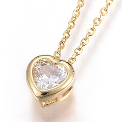 Golden 304 Stainless Steel Pendant Necklaces, with Brass Cubic Zirconia Pendant, Heart, Clear, Golden, 17.6 inch(45cm), Pendant: 7x7x4mm