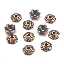Red Copper 6-Petal Tibetan Style Alloy Flower Bead Caps, Cadmium Free & Nickel Free & Lead Free, Red Copper, 6x2mm, Hole: 1mm