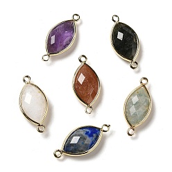 Mixed Stone Natural Mixed Stone Faceted Connector Charms, Rack Plating Brass Horse Eye Links, Golden, 25x11.5x5.5mm, Hole: 1.6mm