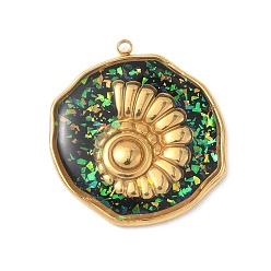Black 304 Stainless Steel Epoxy Resin with Natural Shell and Sequins Inside Pendants, Flat Round with Shell Shape Charms, Real 18K Gold Plated, PVD Vacuum Plating, Black, 28x26x3mm, Hole: 1.5mm