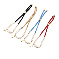 Mixed Color Adjustable Nylon Cord Slider Bracelets, Bolo Bracelets, with Natural Pearl Beads, 304 Stainless Steel Cross Charms and Brass Beads, Mixed Color, Inner Diameter: 1-5/8~3-7/8 inch(4~10cm)