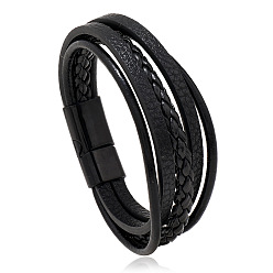 Black Retro Minimalist Leather Magnetic Clasp Bracelet for Men - Trendy European and American Style Jewelry