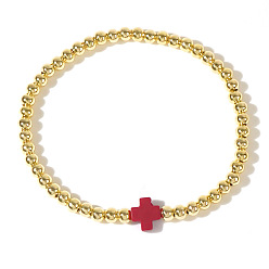 Красный Латунные круглые браслеты с бусинами для женщин, с пластиковыми крестообразными бусинами, золотые, красные, 6.89 дюйм (17.5 см)