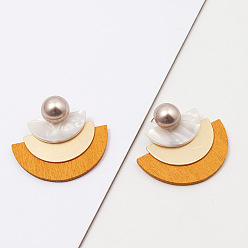 Yellow Chic Resin Half Circle Wood Copper Pearl Inlay Earrings Studs for Fashionable and Personal Style