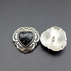 Черный Легированные Пуговицы, с синтетическими бирюзовый, сердце, античное серебро, чёрные, 29x30 мм