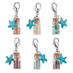 Mixed Stone Gemstone Chips in Glass Bottle Pendant Decorations, Starfish Synthetic Turquoise and Zinc Alloy Lobster Claw Clasps Charms, 40.5mm, 6pcs/set