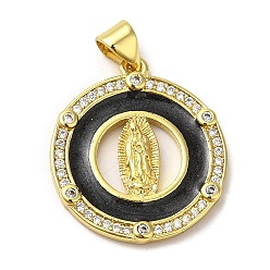 Black Rack Plating Brass Enamel Clear Cubic Zirconia Pendants, Real 18K Gold Plated, Long-Lasting Plated, Round with Saint, Black, 23x20x2mm, Hole: 5x3mm