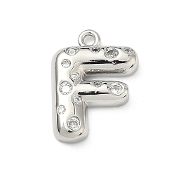 Letter F Латунные микропаве прозрачные подвески с фианитом, без кадмия и без свинца, долговечный, стойки покрытие, платина, Буква F, 21.5x16x4 мм, отверстие : 1.8 мм