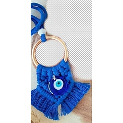 Blue Handmade Macrame Cotton Thread with Turkish Glass Evil Eye Wall Hanging Ornament, with Metal Ring, Blue, 50mm