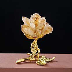 Yellow Quartz Raw Natural Yellow Quartz Display Decorations, Flower Golden Tone Metal Base Statues for Home Office Decorations, 90~100x70~80mm