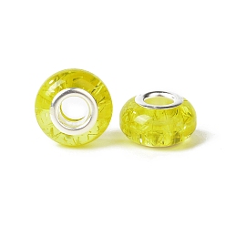 Yellow Rondelle Resin European Beads, Large Hole Beads, with Glitter Powder and Platinum Tone Brass Double Cores, Yellow, 13.5x8mm, Hole: 5mm