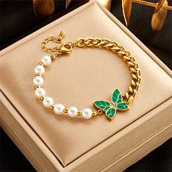 golden Green Oil Drop Butterfly Diamond Pearl Chain Retro Bracelet