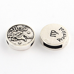 Virgo Antique Silver Plated Tibetan Style Flat Round Alloy Slide Charms, with Constellation/Zodiac Sign, Cadmium Free & Lead Free, Virgo, 17~18x5mm, Hole: 11x3mm, about 282pcs/1000g