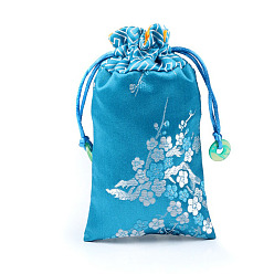 Steel Blue Chinese Style Silk Drawstring Jewelry Gift Bags, Jewelry Storage Pouches for Cell Phone, Rectangle with Plum Bossom Flower Pattern, Steel Blue, 15x9cm