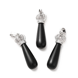 Obsidian Natural Obsidian Pendants, Teardrop Charms, with Brass Crystal Rhinestone Crown Findings, Platinum, Cadmium Free & Lead Free, 36~39x9.5~11mm, Hole: 5x8mm
