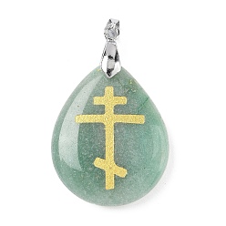 Зеленый Авантюрин Естественный зеленый авантюрин подвески, с реечной обшивкой латунными выводами, без кадмия и без свинца, подвеска в виде капли и креста, 31x25x5~7 мм, отверстие : 4.5x4 мм
