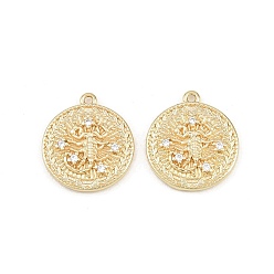 Scorpio Brass Micro Pave Clear Cubic Zirconia Pendants, Flat Round with Constellation Charms, Rack Plating, Long-Lasting Plated, Cadmium Free & Lead Free, Golden, Scorpio, 16x14x2~3mm, Hole: 1mm