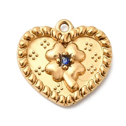 Капри Синий 304 подвески из нержавеющей стали с микропаве из стразов, подвески в виде сердца с клевером, ионное покрытие (ip), реальный 18 k позолоченный, Капри синий, 15x16x2.5 мм, отверстие : 1.2 мм