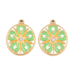Mittleres Frühlingsgrün 304 Anhänger aus Edelstahl und Emaille, Oval mit Blume, mit Strass, echt 18 k vergoldet, Ionenbeschichtung (ip), langlebig überzogen, mittleres Frühlingsgrün, 26x20x3 mm, Bohrung: 1.6 mm