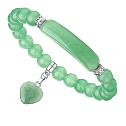Green Aventurine Natural Green Aventurine Curved Rectangle Stretch Braclets with Heart Charm, Inner Diameter: 2-3/8 inch(6cm)