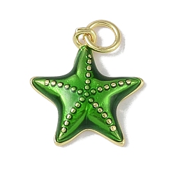 Зеленый Латунь эмаль подвески, с прыжковых колец, без кадмия и без свинца, долговечный, реальный 18 k позолоченный, очарование морской звезды, зелёные, 15.5x14.5x3.5 мм, отверстие : 2.8 мм