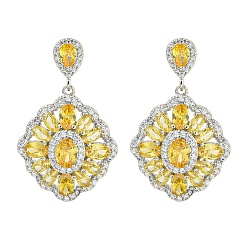 Золотистый Латунь микро проложить кубический цирконий болтаться серьги стержня, цветок, платина, золотые, 38.5x24.5 мм