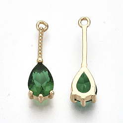 Sea Green Transparent Glass Pendants, with Golden Tone Brass Findings, Faceted, Teardrop, Sea Green, 18x5x4mm, Hole: 1mm