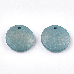 SteelBlue Painted Wood Charms, Flat Round, Cadet Blue, 15x4mm, Hole: 1.8mm