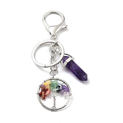 Amethyst Natural Amethyst Keychain, with Platinum Plated Iron Split Key Rings, Tree of Life with Bullet, 10.2cm
