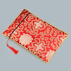 Red Floral Print Cloth Scriptures Storage Zipper Pouches, with Tassels, Rectangle, Red, 34x24cm