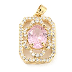 Pink Brass Micro Pave Clear Cubic Zirconia Pendants, with Glass, Rectangle, Pink, 22.5x15x8mm, Hole: 4x2.5mm