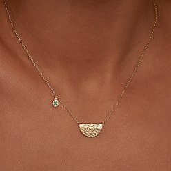 Emerald Rhinestone Teardrop & Lotus Pendant Necklace, Golden Stainless Steel Necklace, Emerald, 17.72 inch(45cm)