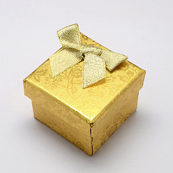 Gold Square Cardboard Ring Boxes, with Bowknot Outside and Sponge Inside, Gold, 52x52x39mm