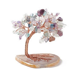 Fluorite Natural Fluorite Tree Display Decoration, Agate Slice Base Feng Shui Ornament for Wealth, Luck, Rose Gold Brass Wires Wrapped, 42~50x74~79x83~86mm