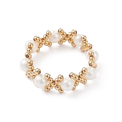 Golden Shell Pearl & Brass Braided Bead Cross Finger Ring for Women, Golden, US Size 9 1/4(19.1mm)