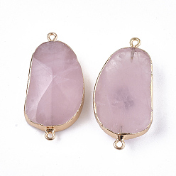 Rose Quartz Electroplate Natural Rose Quartz Links Connectors, with Golden Iron Findings, Nuggets, 42~46x23.5x7~9mm, Hole: 1.8mm