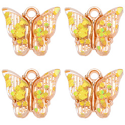Yellow Transparent Acrylic Charms, with Golden Tone Alloy Findings and Sequins, Butterfly Charm, Yellow, 14x14mm