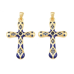 Azul Micro latón allanan colgantes cúbicos del zirconia, con esmalte, encantos cruzados, sin plomo y cadmio, chapado en rack, larga duración plateado, real 18 k chapado en oro, azul, 37.5x24.5x3.5 mm, agujero: 3x5 mm