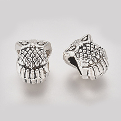 Antique Silver Alloy European Beads, Large Hole Beads, Owl, Antique Silver, 10x8x8mm, Hole: 5mm