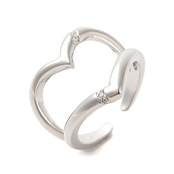 Платина Открытые манжеты из латуни с микропаве и цирконием в форме сердца, широкая полоса кольца, платина, внутренний диаметр: 17 мм