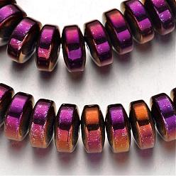Purple Plated Electroplate Non-magnetic Synthetic Hematite Beads Strands, Heishi Beads, Disc/Flat Round, Purple Plated, 12x6mm, Hole: 1mm, about 69pcs/strand, 15.7 inch