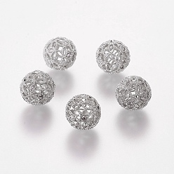 Platinum Brass Cubic Zirconia Beads, Round, Platinum, 12mm, Hole: 1mm