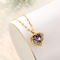 Real 18K Gold Plated Heart Cubic Zirconia Pendant Necklace with Brass Chains, Real 18K Gold Plated, 15.75 inch(40cm)