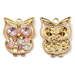 Light Rose Golden Plated Alloy Pendants, Owl Charms with Rhinestone, Cadmium Free & Nickel Free & Lead Free, Light Rose, 25x20x5mm, Hole: 2.2mm